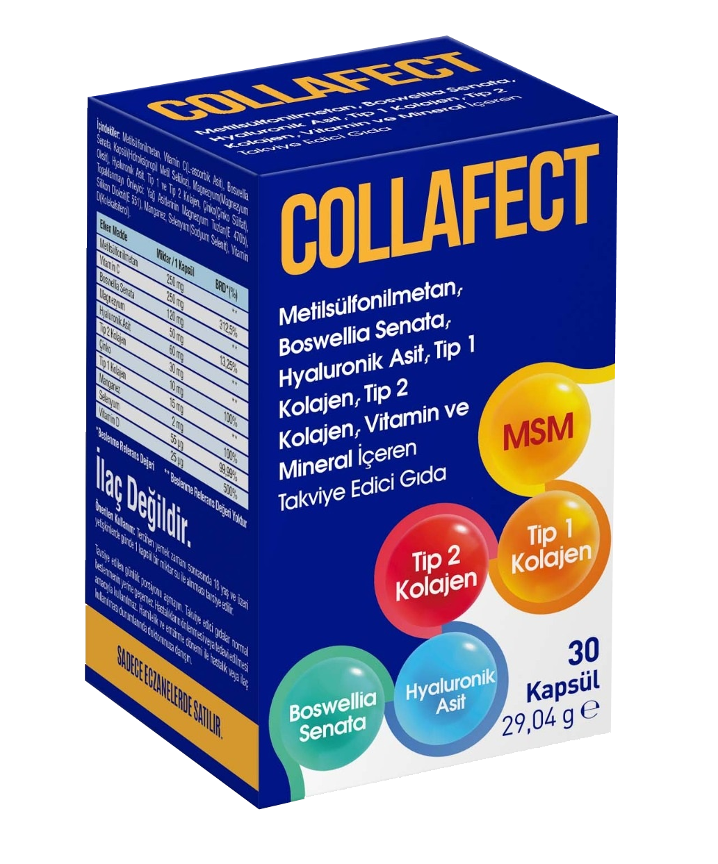 COLLAFECT 30 Kapsül (MSM, TİP I & TİP II Kollajen,Hyaluronik Asit, Magnezyum, Vitamin ve Mineraller)